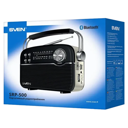 SV SRP-500 Black SVEN SRP-500 Black, FM/AM/SW Radio, 3W RMS, 8-band radio receiver, built-in audio files player from USB-fash, microSD and SD card storage devices, telescopic swivel antenna, built-in battery