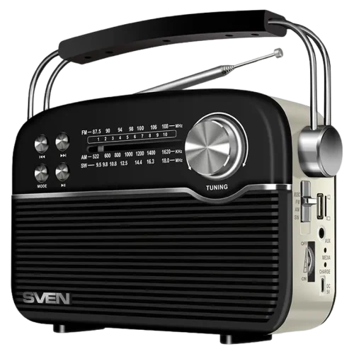 SV SRP-500 Black SVEN SRP-500 Black, FM/AM/SW Radio, 3W RMS, 8-band radio receiver, built-in audio files player from USB-fash, microSD and SD card storage devices, telescopic swivel antenna, built-in battery