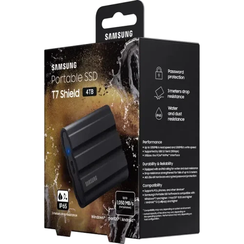 Внешний портативный SSD накопитель Samsung T7 Shield, 4 ТБ, Чёрный