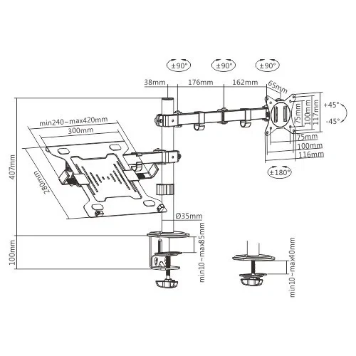 Gembird MA-DA-03, Adjustable desk mount with monitor arm and notebook tray, Supports monitors up to 32" and notebooks up to 15.6", black 3