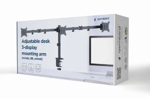 Arm for 3 monitors 17"-27" Gembird MA-D3-01, Adjustable desk 3-display mounting arm (rotate, tilt, swivel), up to 7 kg, VESA 75/100, black