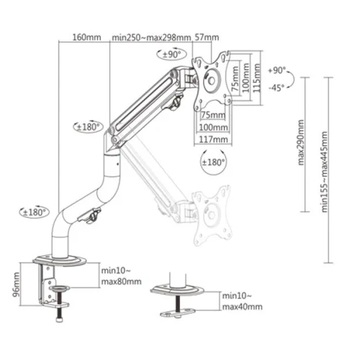 Arm for 1 monitor 17"-32" - Gembird MA-DA1-02, Adjustable desk display mounting arm, Gas spring 2-8kg, VESA 75/100, arm rotates, extends and retracts, tilts to change reading angles, and allows to rotate display from landscape-to-portrait mode