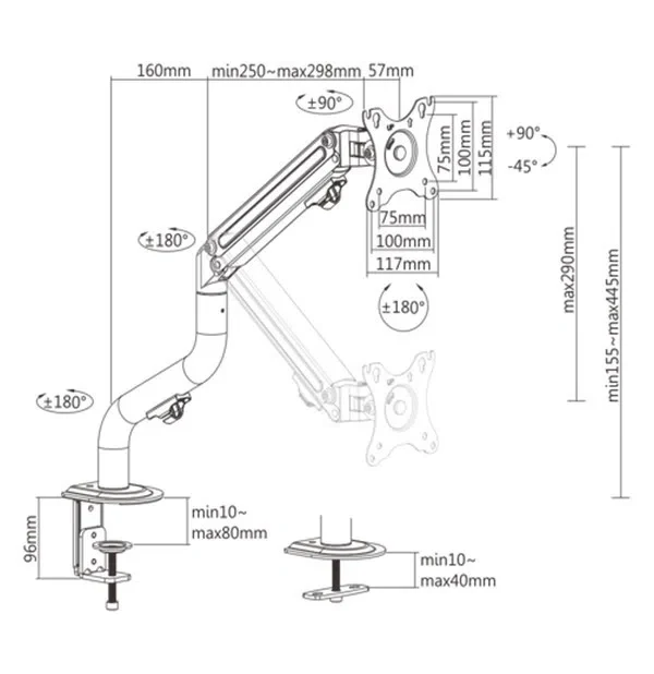 Arm for 1 monitor 17"-32" - Gembird MA-DA1-02, Adjustable desk display mounting arm, Gas spring 2-8kg, VESA 75/100, arm rotates, extends and retracts, tilts to change reading angles, and allows to rotate display from landscape-to-portrait mode 2
