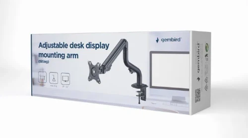 Arm for 1 monitor 17"-32" - Gembird MA-DA1-02, Adjustable desk display mounting arm, Gas spring 2-8kg, VESA 75/100, arm rotates, extends and retracts, tilts to change reading angles, and allows to rotate display from landscape-to-portrait mode