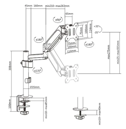 Arm for 1 monitor 17"-32" - Gembird MA-DA1P-01, Adjustable desk display mounting arm, Gas spring 2-9 kg, VESA 75/100, arm rotates, extends and retracts, tilts to change reading angles, and allows to rotate display from landscape-to-portrait mode