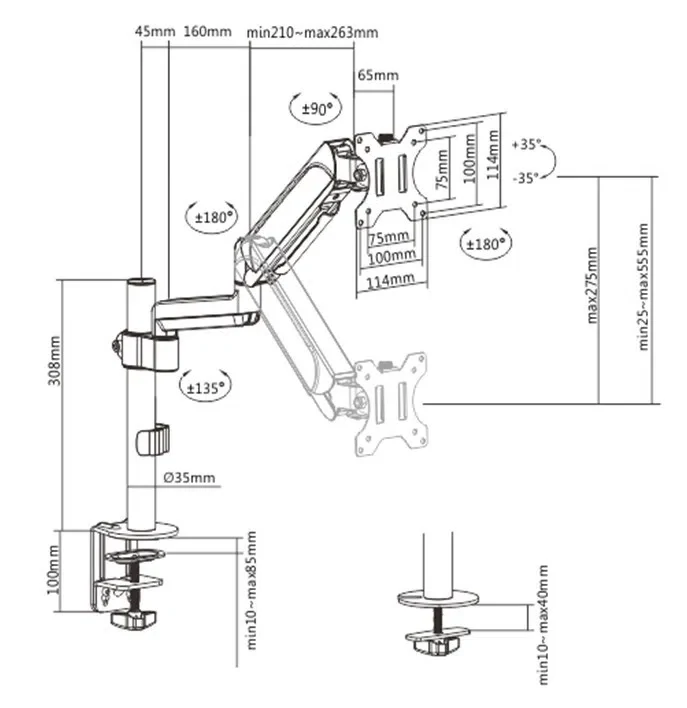Arm for 1 monitor 17"-32" - Gembird MA-DA1P-01, Adjustable desk display mounting arm, Gas spring 2-9 kg, VESA 75/100, arm rotates, extends and retracts, tilts to change reading angles, and allows to rotate display from landscape-to-portrait mode 2