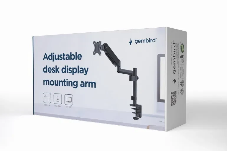 Arm for 1 monitor 17"-32" - Gembird MA-DA1P-01, Adjustable desk display mounting arm, Gas spring 2-9 kg, VESA 75/100, arm rotates, extends and retracts, tilts to change reading angles, and allows to rotate display from landscape-to-portrait mode 3