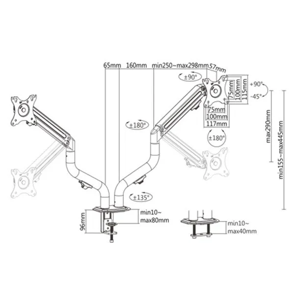 Arm for 2 monitors 17"-32" - Gembird MA-DA2-02, Steel (1.35 mm), Gas spring 2-8 kg per screen, VESA 75/100, arm rotates, extends and retracts, tilts to change reading angles, and allows to rotate display from landscape-to-portrait mode 2