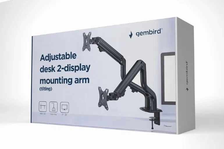 Arm for 2 monitors 17"-32" - Gembird MA-DA2-02, Steel (1.35 mm), Gas spring 2-8 kg per screen, VESA 75/100, arm rotates, extends and retracts, tilts to change reading angles, and allows to rotate display from landscape-to-portrait mode 3