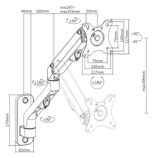Monitor wall mount arm for 1 monitor up to 27" Gembird MA-WA1-02, Adjustable wall display mounting arm (rotate, tilt, swivel), VESA 75/100, up to 9 kg, black