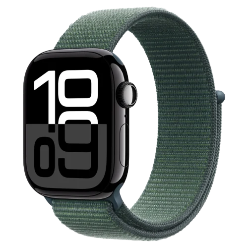 Apple Watch 10 Aluminum GPS Jet Black Textile Sport Loop Lake Green 42 mm