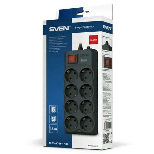 Surge Protector 8 Sockets, 3.0m, Sven "SF-08-16", Black, flame-retardant material