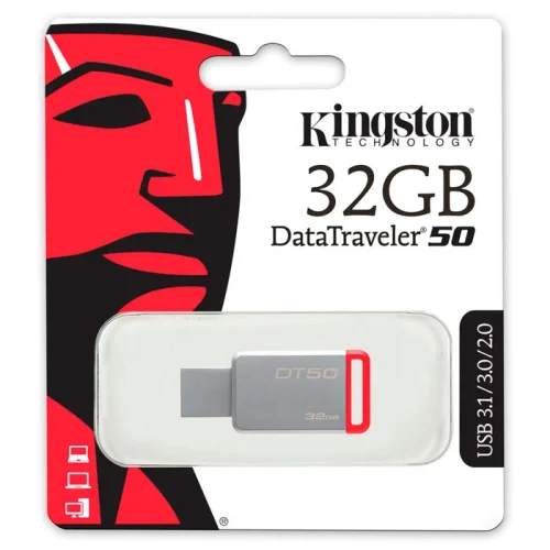 32GB USB Flash Drive Kingston DataTraveler 50 (USB 3.1, Metal, Unibody), Silver Red