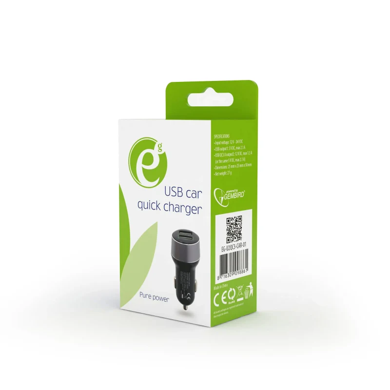 USB Car Charger Quick Charge QC3.0 - EnerGenie EG-U2QC3-CAR-01, 2x USB ports, Input 12-24V DC, Output: 1x 5V DC, max. 2.1A, 1xUSB QC 3.0: 12V DC, max 1.5A  (or the same 5V DC, max 2.1A), Black 3