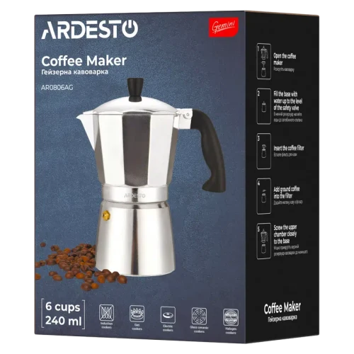 Cafetieră gheizer Ardesto AR0806AG Gemini Cremona, Oțel inoxidabil