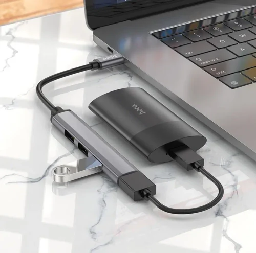 Разветвитель Hoco HB26 4in1 Type-C to 4x USB, Metal Grey