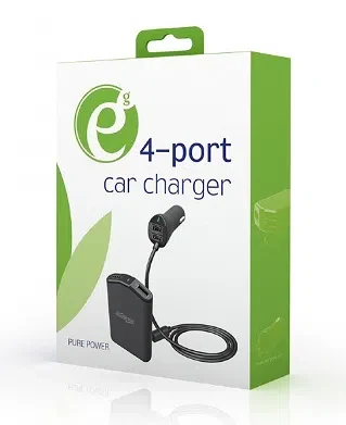 USB Car Charger - EnerGenie EG-4U-CAR-01, 4x USB ports, Input 12/24V DC, Output: up to 2.4 A, charge up to 4 devices simultaneously, 2 ports for the front and 2 ports for backseat passengers, turns, 1.8m cable, Black