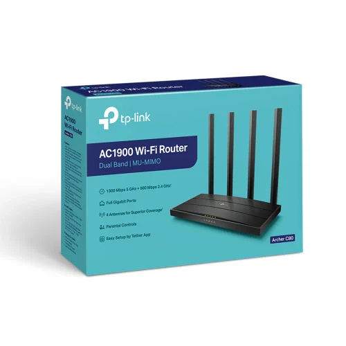 TP-LINK Archer C80 AC1900 Dual Band Wireless Gigabit Router, Atheros, 1300Mbps at 5Ghz + 600Mbps at 2.4Ghz, 802.11ac/a/b/g/n Wave 2, MIMO 3x3, MU-MIMO, Beamforming, Airtime Fairness, 1 Gigabit WAN+4 Gigabit LAN, 4 fixed antennas