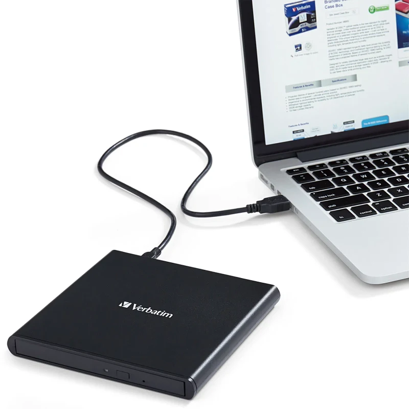 External Slimline CD/DVD Writer VERBATIM, Portable Slim -14mm, Super-Multi CDR/RW +24x/-24x, DVDR+8x/-8x, RW+6x/-6x, DL+6x, RAM 5x, miniDVD, M-DISC, USB2.0, Black, Retail (98938) 2