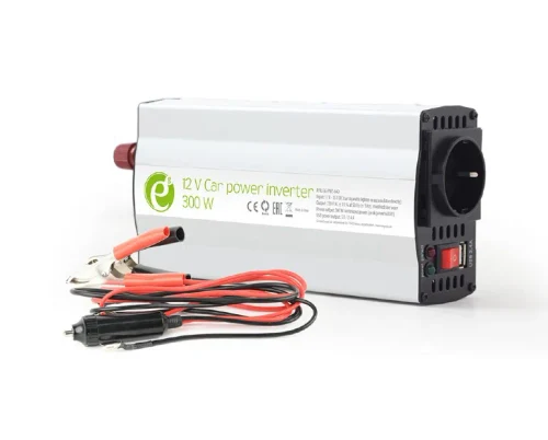 EnerGenie EG-PWC-042, 12V Car power inverter, 300W, with USB port / 5V-2.1A, Power output: 300 W continuous power (peak power 600 W), Output: 230 VAC, Input: 11-15 VDC (car cigarette lighter or accumulator directly)