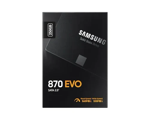 2.5" SSD 250GB Samsung SSD 870 EVO, SATAIII, Sequential Reads: 560 MB/s, Sequential Writes: 530 MB/s, Max Random 4k: Read: 98,000 IOPS / Write: 88,000 IOPS, 7mm, 512MB Cache, Samsung MKX controller, V-NAND 3bit MLC