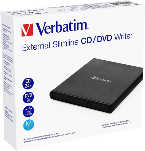 External Slimline CD/DVD Writer VERBATIM, Light Version, Portable Slim -14mm, Super-Multi CDR/RW +24x/-24x, DVDR+8x/-8x, RW+6x/-6x, DL+6x, RAM 5x, miniDVD, M-DISC, USB2.0, 2xUSB ports needed, Black, Retail (53504)