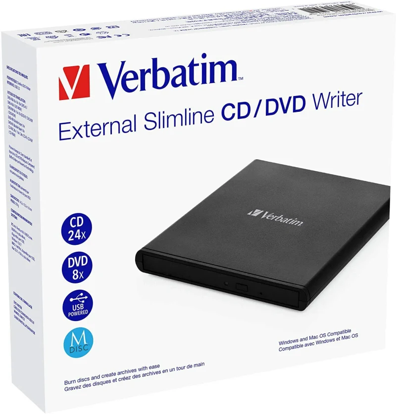 External Slimline CD/DVD Writer VERBATIM, Light Version, Portable Slim -14mm, Super-Multi CDR/RW +24x/-24x, DVDR+8x/-8x, RW+6x/-6x, DL+6x, RAM 5x, miniDVD, M-DISC, USB2.0, 2xUSB ports needed, Black, Retail (53504) 2
