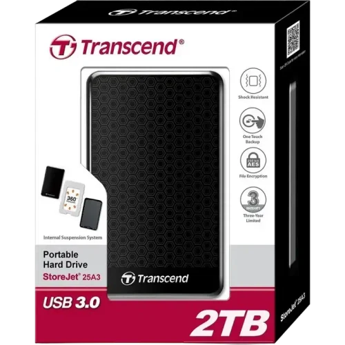 Внешний портативный жесткий диск Transcend StoreJet 25A3, 2 ТБ, Black
