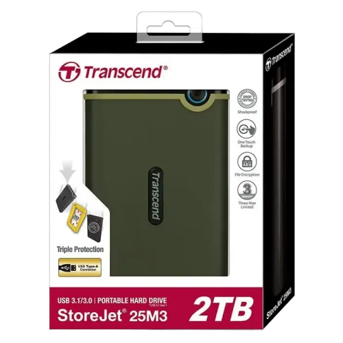 Внешний портативный жесткий диск Transcend StoreJet 25M3G, 2 ТБ, Military Green