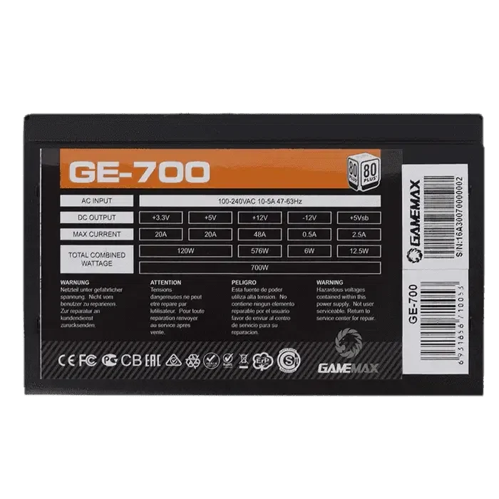 Блок питания для компьютеров Gamemax GE-700, 700 Вт, Черный 5