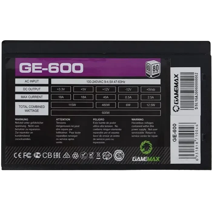 Sursă Alimentare PC Gamemax GE-600, 600 W, Negru 6