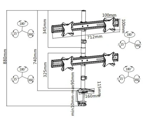 Table/desk stand for 4 monitors Reflecta PLANO DeskStand 23-1010 Q, 13"-23 ", 100x100, 8kg/bracket.
