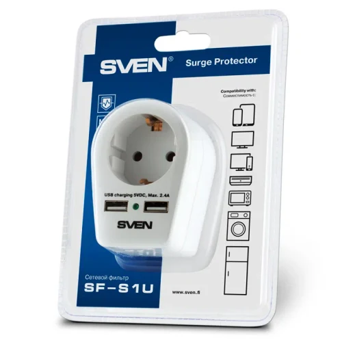 Сетевой фильтр SVEN SF-S1U, 1Розеток, Белый