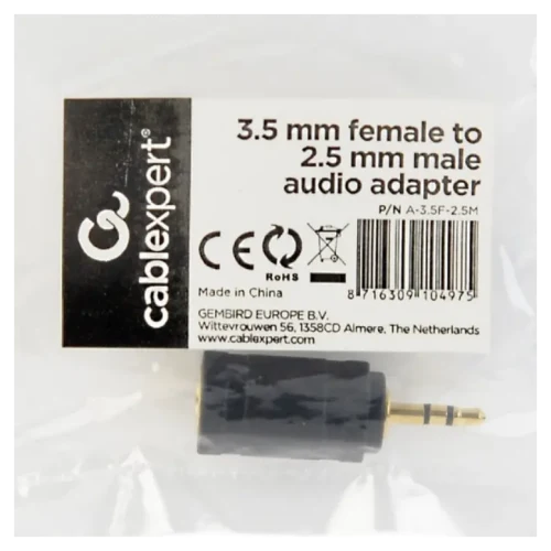 Adaptor audio Cablexpert A-3.5F-2.5M, Analogic, Negru