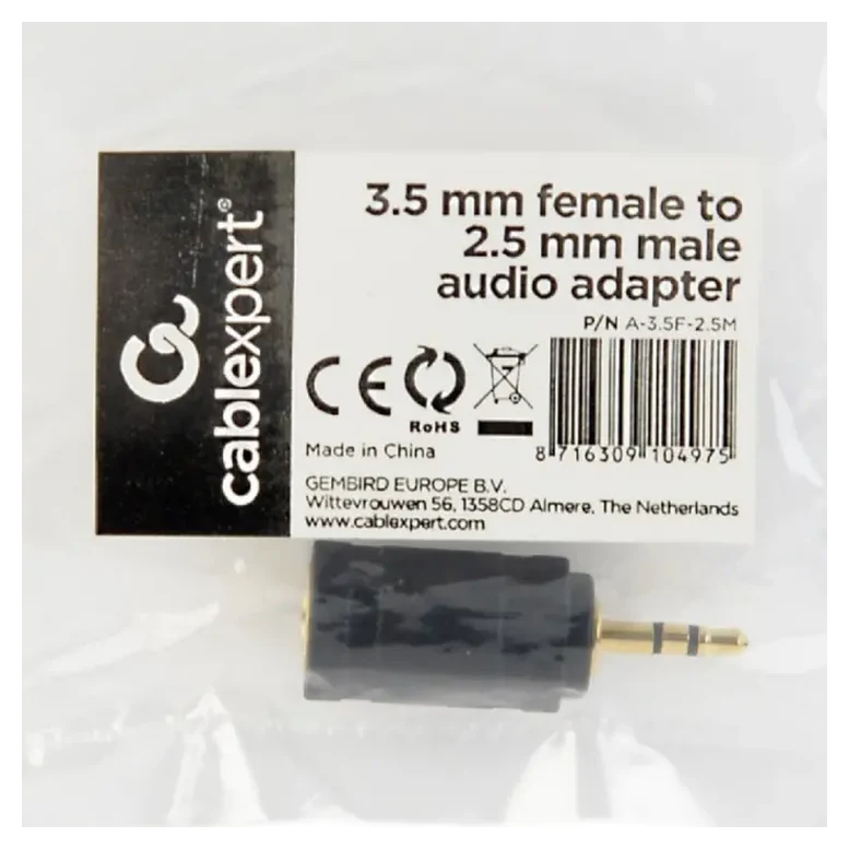 Adaptor audio Cablexpert A-3.5F-2.5M, Analogic, Negru 2