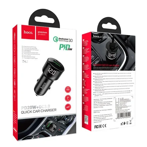HOCO Z42 Light road dual port digital display PD20W+QC3.0 car charger Black