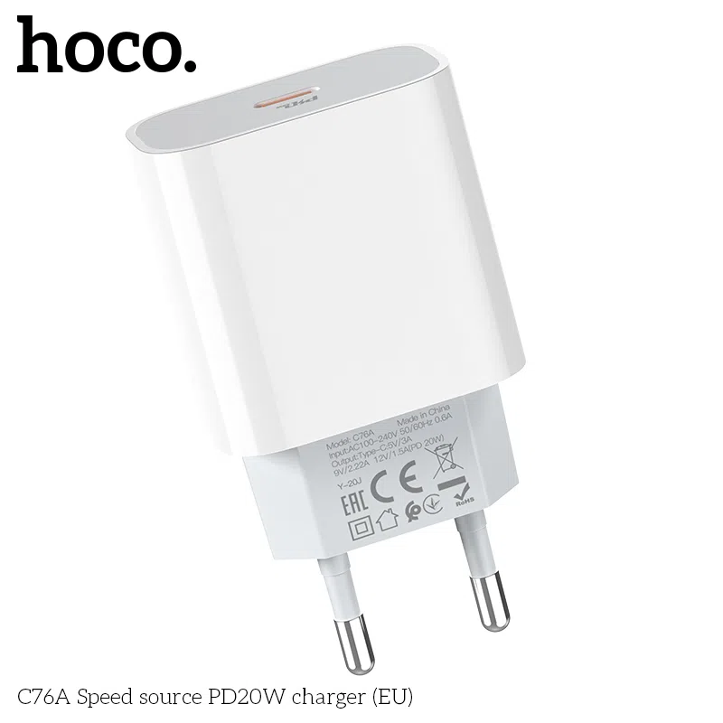 HOCO C76A Plus Speed source PD20W charger set(Type-C To Lighting)(EU) White