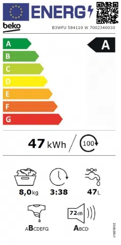 Mas. de spalat rufe standard Beko B3WFU584110W, 8 kg, 1400 rot/min, A, Alb