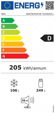 Frigider cu congelator jos Beko B5RCNA405HXB, 355 l, 203.5 cm, D, Gri