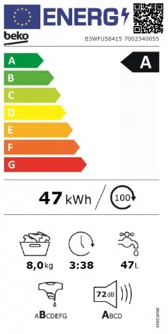 Стиральная машина стандартная Beko B3WFU58415, 8 кг, 1400 об/мин, A, Белый