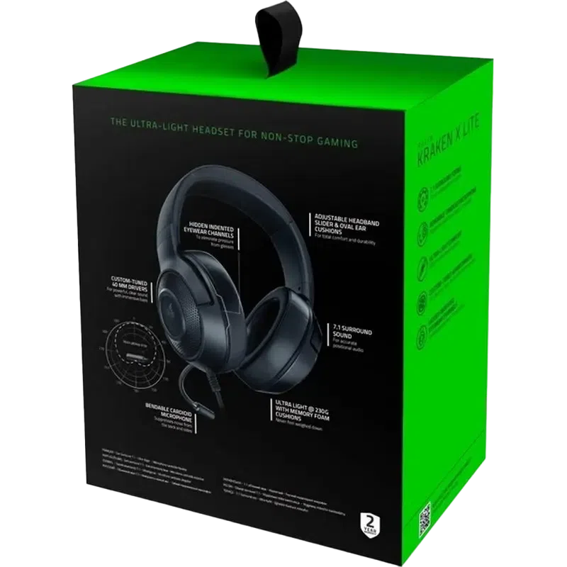 Игровая Гарнитура Razer Kraken X Lite, Проводной аналоговый, Чёрный