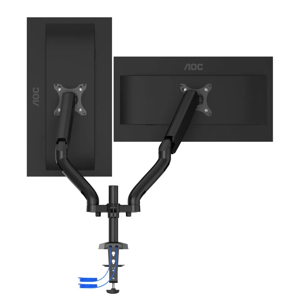 Arm for 2 monitors 13"-31.5" - AOC AD110DX with integrated USB Hub, Black, USB Hub: USB-C + USB3.0, Desk Clamp/Grommet, Aluminum structure, Gas spring, Height adjustment, Max.Load: 2-9kg, Tilt: '-90°~+85°, Swivel:180°, Rotation: 360°, Hidden cable management, VESA 75/100