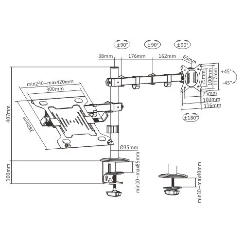 Gembird MA-DA-03, Adjustable desk mount with monitor arm and notebook tray, Supports monitors up to 32" and notebooks up to 15.6", black