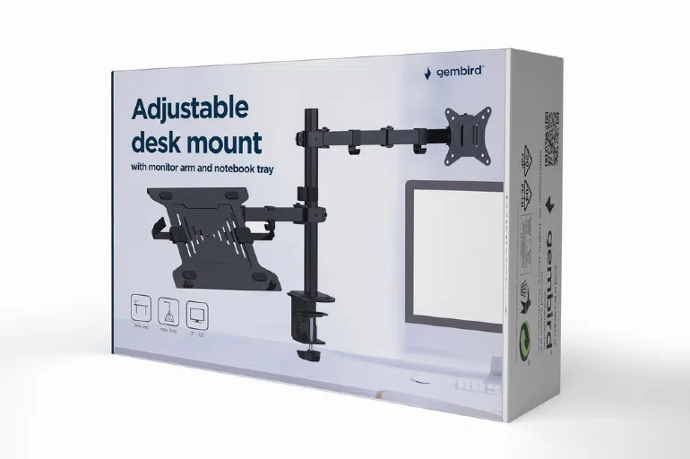 Gembird MA-DA-03, Adjustable desk mount with monitor arm and notebook tray, Supports monitors up to 32" and notebooks up to 15.6", black