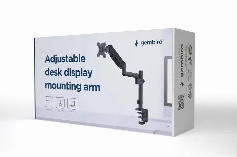 Arm for 1 monitor 17"-32" - Gembird MA-DA1P-01, Adjustable desk display mounting arm, Gas spring 2-9 kg, VESA 75/100, arm rotates, extends and retracts, tilts to change reading angles, and allows to rotate display from landscape-to-portrait mode