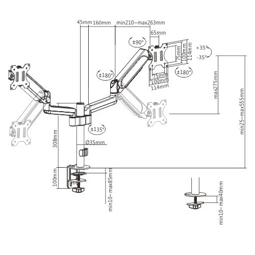 Arm for 2 monitors 17"-32" - Gembird MA-DA2P-01, Adjustable desk 2 displays mounting arm, Gas spring 2-9 kg, VESA 75/100, arm rotates, extends and retracts, tilts to change reading angles, and allows to rotate display from landscape-to-portrait mode