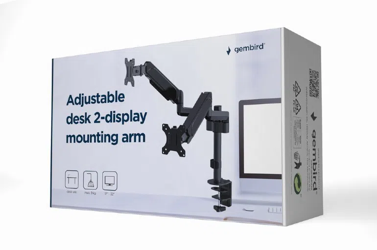 Arm for 2 monitors 17"-32" - Gembird MA-DA2P-01, Adjustable desk 2 displays mounting arm, Gas spring 2-9 kg, VESA 75/100, arm rotates, extends and retracts, tilts to change reading angles, and allows to rotate display from landscape-to-portrait mode