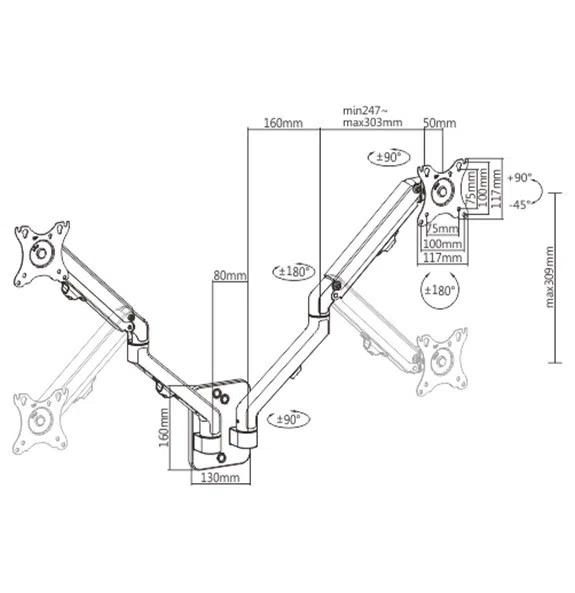 Monitor wall mount arm for 2 monitors up to 17-27" Gembird MA-WA2-01, Adjustable wall 2 display mounting arm (rotate, tilt, swivel), VESA 75/100, up to 7 kg, black