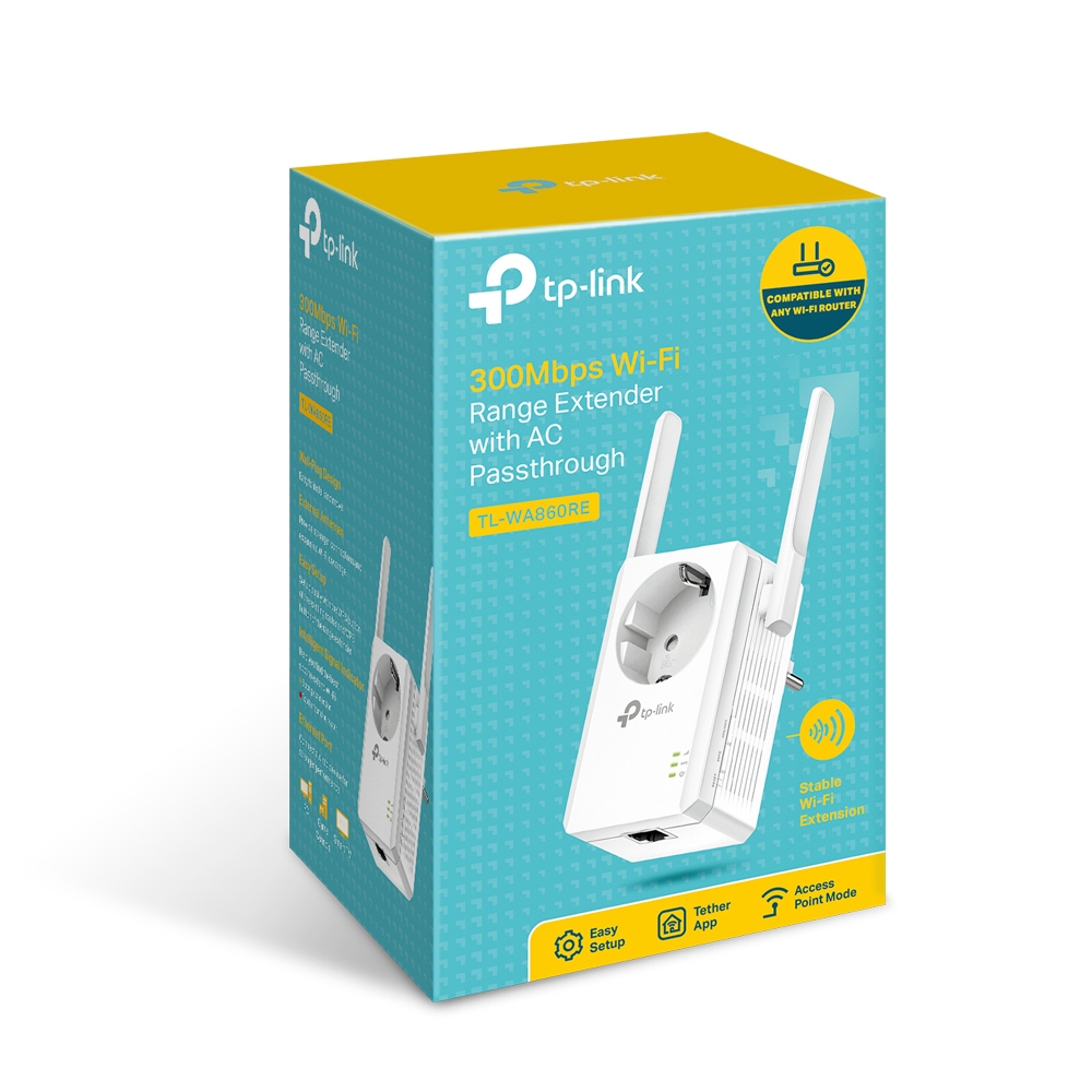 TP-LINK TL-WA860RE N300 Wireless Range Extender with AC Passthrough, 300Mbps 2.4GHz, 802.11n/g/b, Ranger Extender mode, 1 Lan Port, WPS, 2 external antennas