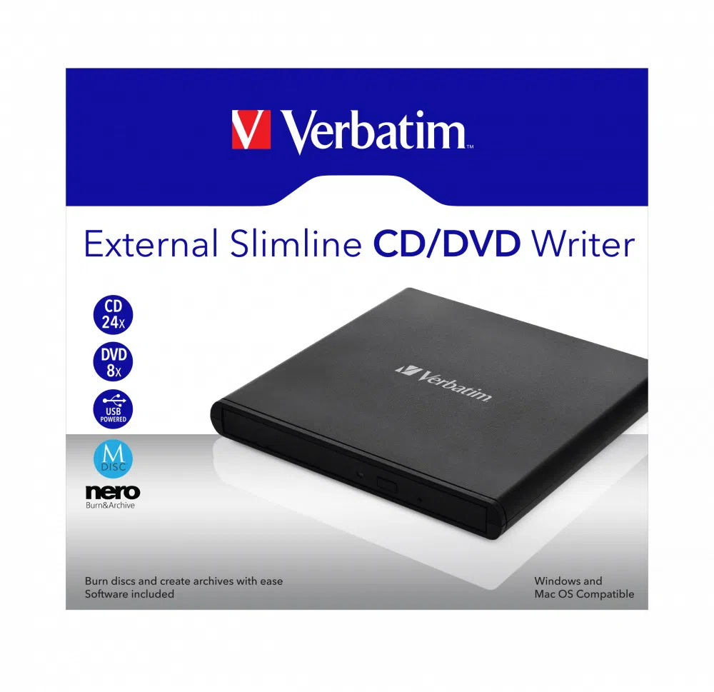 External Slimline CD/DVD Writer VERBATIM, Portable Slim -14mm, Super-Multi CDR/RW +24x/-24x, DVDR+8x/-8x, RW+6x/-6x, DL+6x, RAM 5x, miniDVD, M-DISC, USB2.0, Black, Retail (98938)